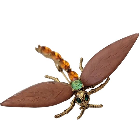 Gold Tone Orange Green Rhinestone Copper Tone Textured Wing Dragonfly Pin, E669 - Picture 3 of 9